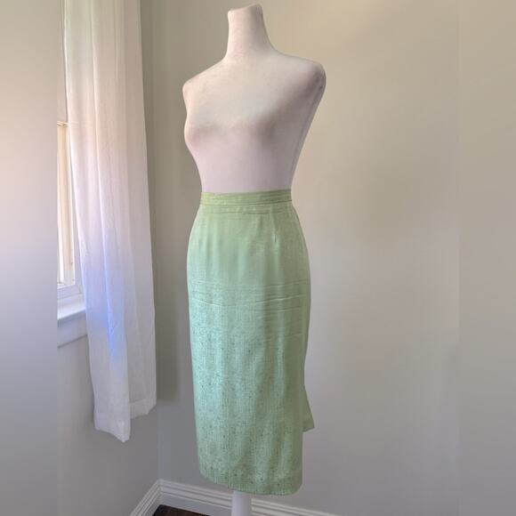 Vintage ‘90s Papell 100% Silk Green Beaded Short Sleeve Jacket + Midi Skirt Set - Picture 8 of 11